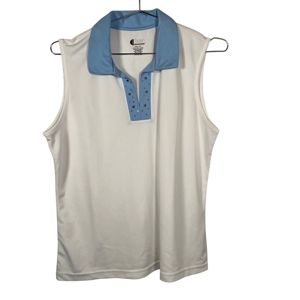 Izod Golf Women‎ XL White Sleeveless Polo Shirt Rhinestone V-Neck Cool Top